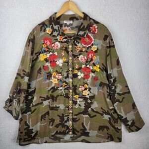 2X Boho Chic Button Top Roll Tab Sleeve Camo Colorful Embroidery Floral Andree